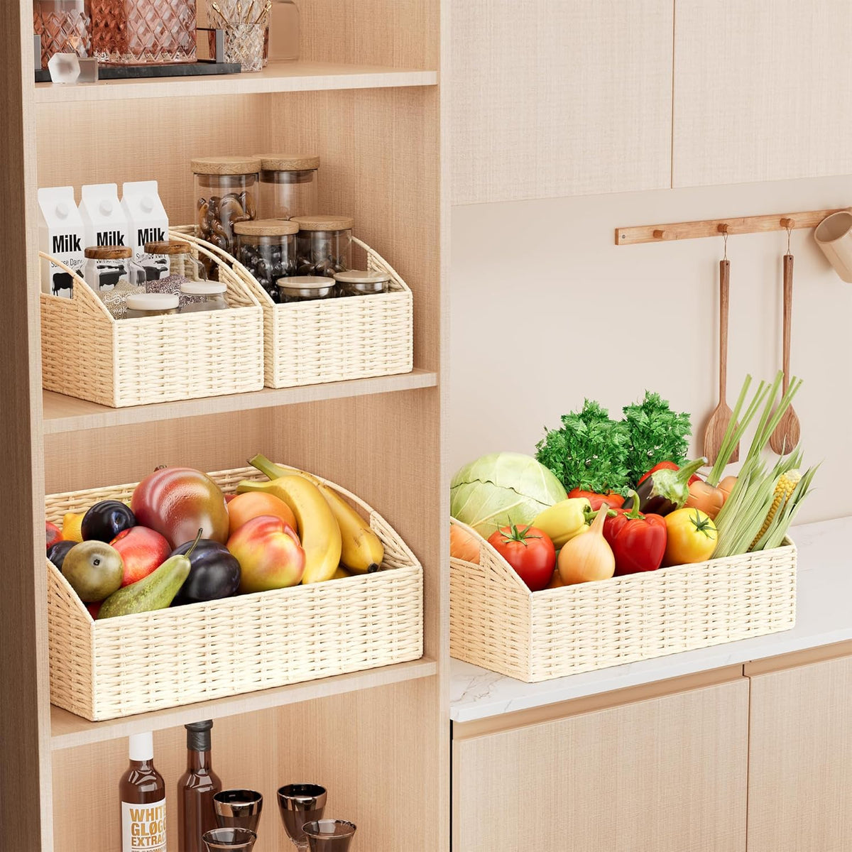Rattan Storage Baskets, Handwoven Wicker Storage Bins with Built-in Handles, Storage Container Baskets for Shelves, Bedroom, Bathroom, Laundry Room or Kitchen(Natural)