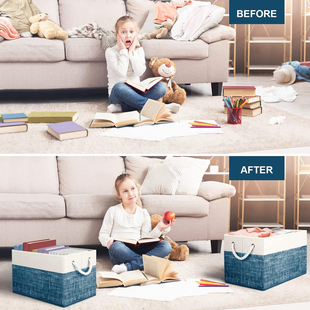 Fab totes Storage Bins, Foldable Storage Baskets for Organizing Toys, Books, Shelves, Closet, Large Storage Box with Rope Handles, Sturdy Organizer Bins, White & Grey