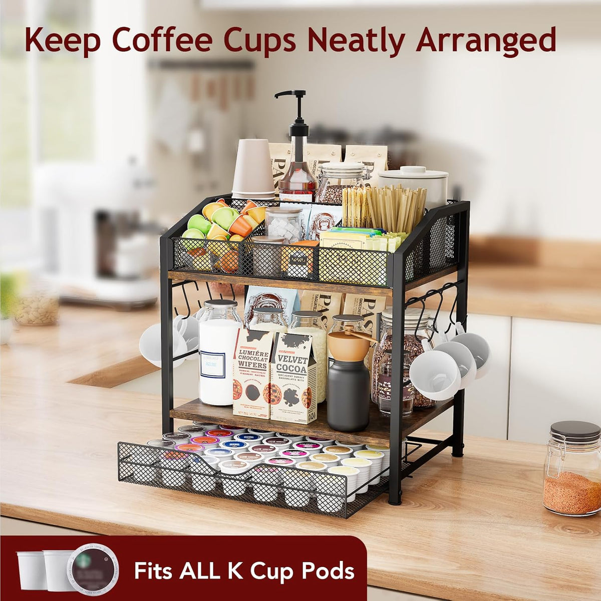 Homsorout Coffee Bar Organizer - Countertop Coffee Station, 42 K Cup holder Storage Basket with Drawer and Hooks for Syrup, Cups, Stirrer, Condiment, Tea Organizer, Black and Brown