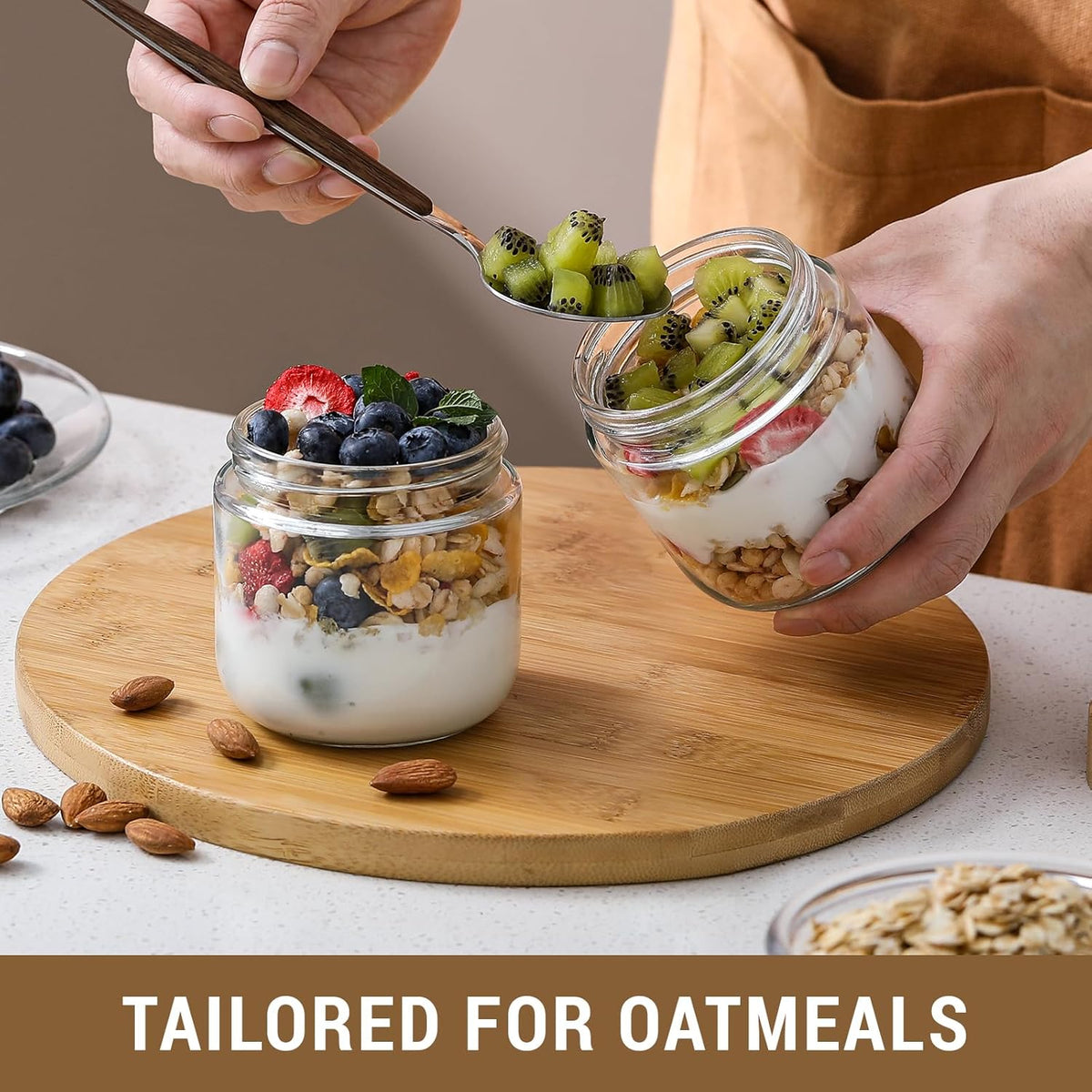NETANY 4-pack 16oz Glass jars with Airtight Lids, Overnight Oats Containers with Bamboo Lids, Wide mouth Mason Salad jars, Glass Food Storage Containers for Snacks Yogurt Spice Sugar