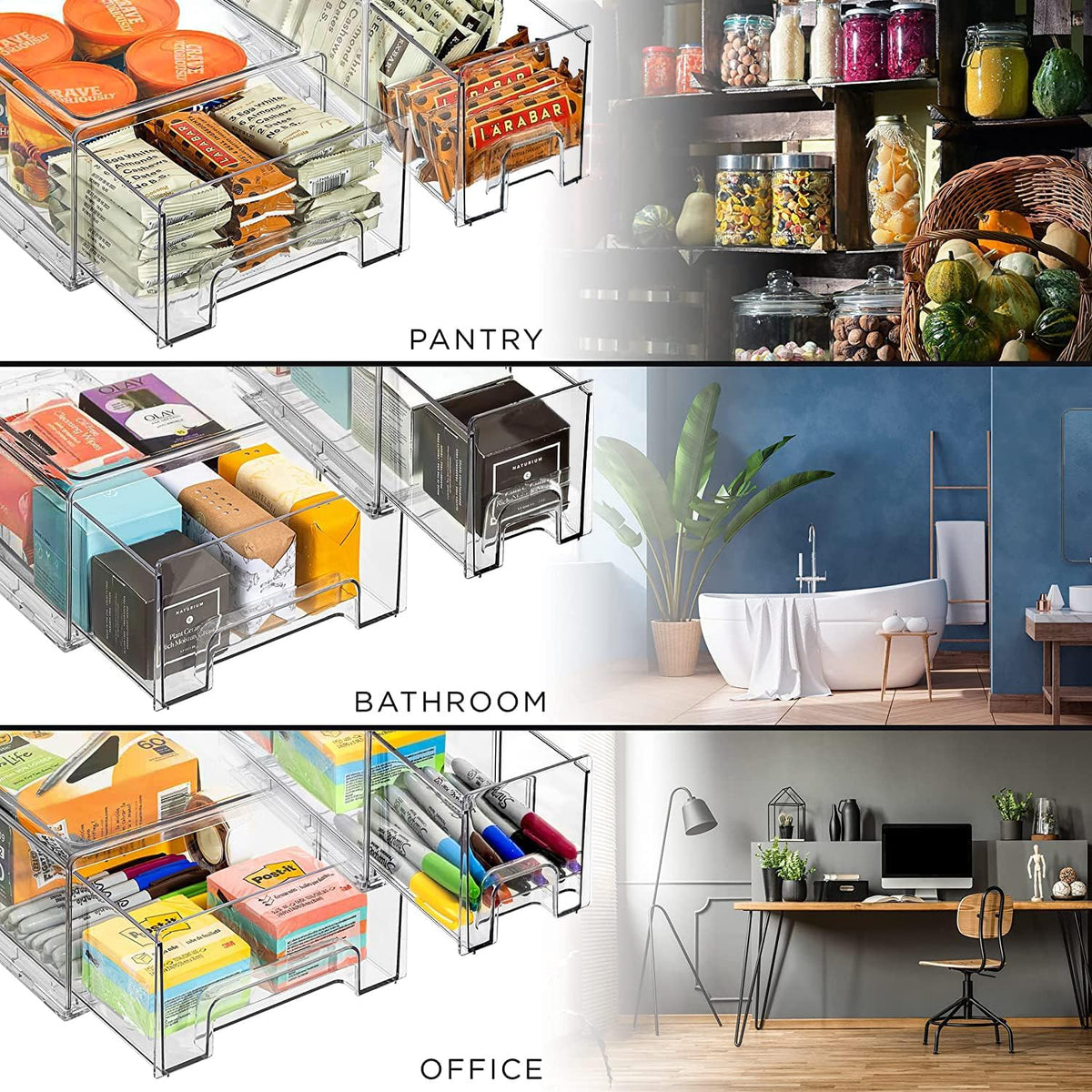 Sorbus Fridge Drawers - Clear Stackable Pull Out Refrigerator Organizer Bins - Food Storage Containers for Kitchen, Freezer, Vanity & Fridge (3 Pack | 1 Medium, 2 Small Stackable Drawer Bins)