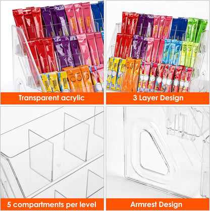 Drink Packet Organizer, Acrylic Water Flavor Packet Holder, Drink Mix Organizer Hydration Powdered Mixes Holder Container for Kitchen Cabinet Countertop Pantry Storage (3 Tier)