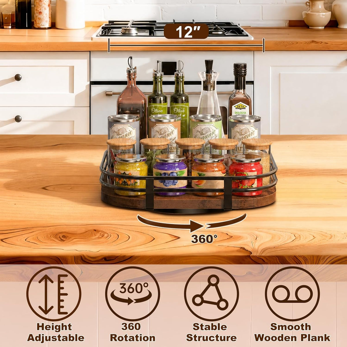 12" Large Lazy Susan Turntable Organizer Adjustable - Rotating Spice Rack for Table Top, 2 Tier Wood Spice Cabinet Organizer for Pantry Kitchen Countertop Coffee Bar Cupboard Bathroom Vanity Storage