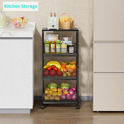 HapiRm Fruit Basket Kitchen Cart - 4-Tier Rolling Storage Cart with Wheels, Fruit Vegetable Basket with Wood Top, Pantry Utility Kitchen Organizer for Fruit Potato Onion Vegetable Bread Snack
