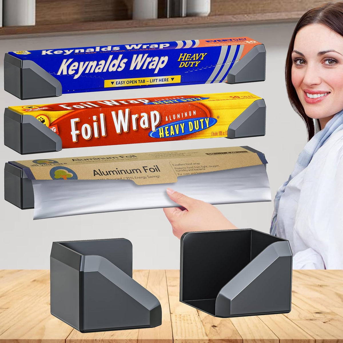 Skywin Adhesive Foil and Plastic Wrap Organizer Includes 2 Holders, Fits Box Width up to 2.4in/61mm, Heavy Duty Aluminum Foil Organization and Storage (White)