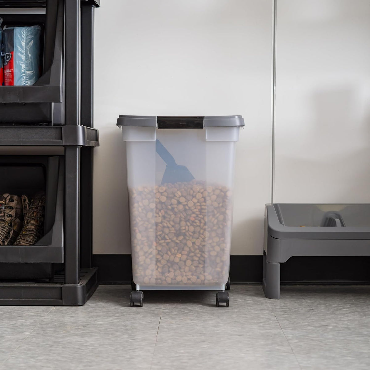 IRIS USA Airtight Dog Food Storage Container, WeatherPro, Up to 50 lbs, Removable Wheels, for Dog Cat Bird and Other Pet Food Storage Bin, Keep Fresh, Translucent Body, Made in USA, Clear/Gray