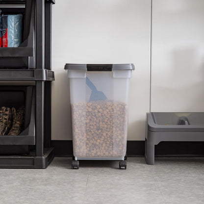 IRIS USA Airtight Dog Food Storage Container, WeatherPro, Up to 50 lbs, Removable Wheels, for Dog Cat Bird and Other Pet Food Storage Bin, Keep Fresh, Translucent Body, Made in USA, Clear/Gray