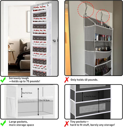 Over the Door Organizer Storage 6 Tier, 12 Large Capacity Side Pockets, Heavy Duty Metal Reinforced Hook Anti Tilt 75 LB Load Behind Door Storage for Bedroom Bathroom Pantry Nursery
