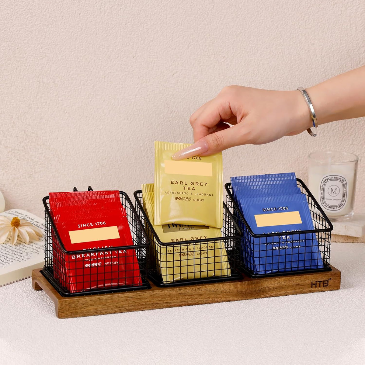 HTB 2 Tier Tea Organizer for Tea Bags, Tea Bag Holder with Acacia Wood Stand and 6 Removable Metal Basket for Sugar Packets, Sweeteners, Creamers for Cabinet, Countertop or Wall-mounted