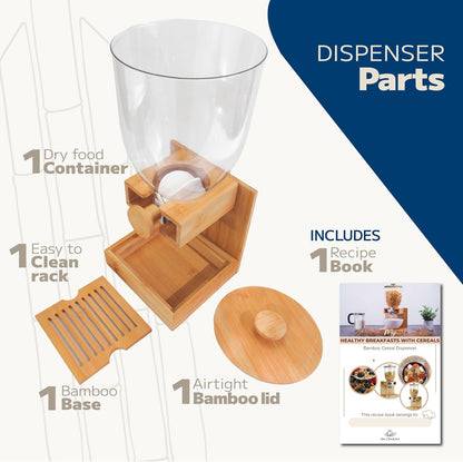 Bamboo Dispenser 3.5Liters (118 fl Oz) , Cereal Dispenser, Storage Container, Snack Bar Station, Dry Food Dispenser, Cereal Dispenser Countertop, House Essentials