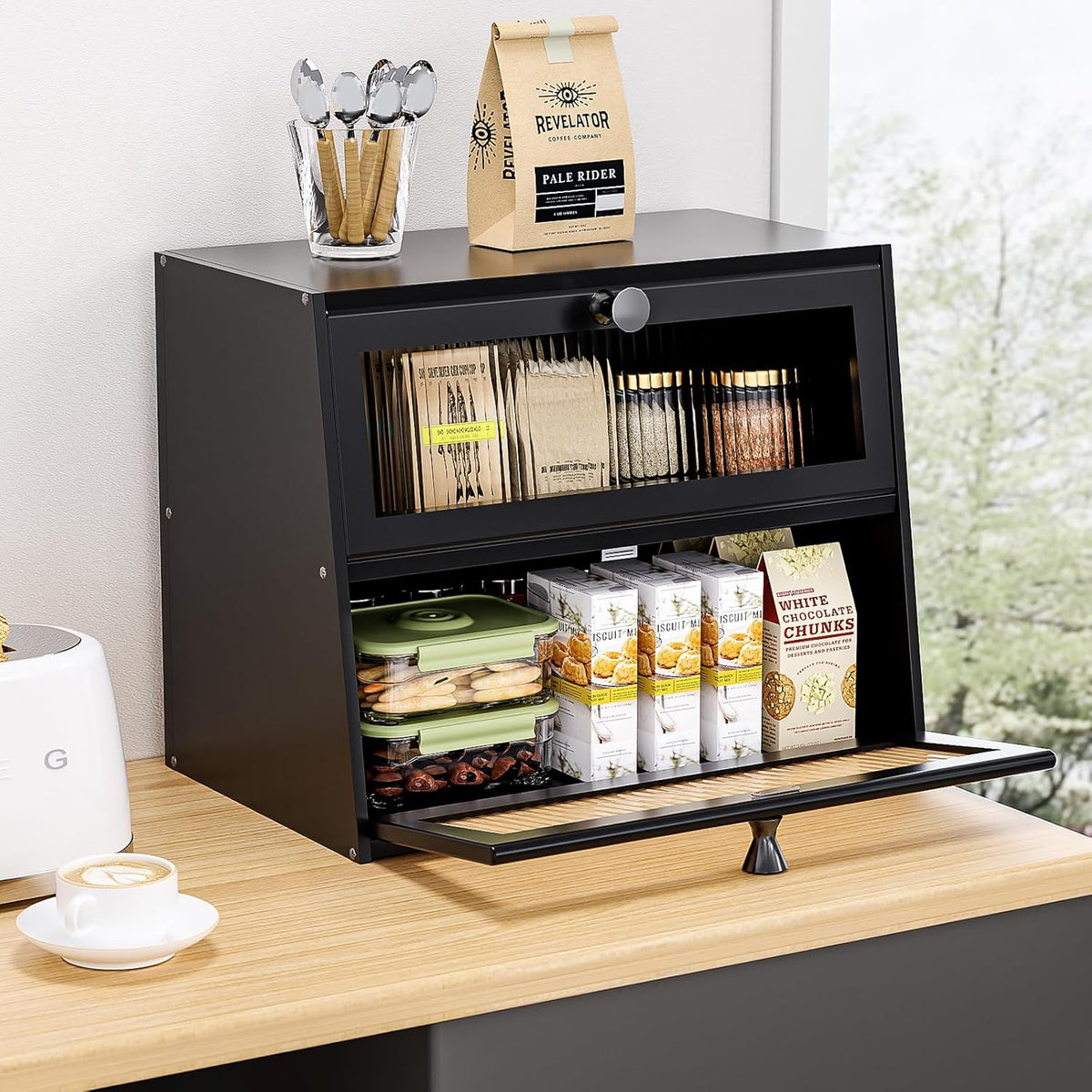 Bread Box for Kitchen Countertop,Extra Large 2 Layer Breadbox Wooden Farmhouse Bread Storage Container Bread Bin Bread Holder Food Organizer Pantry Shelf Acrylic Window(Black)