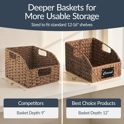 Best Choice Products Water Hyacinth Pantry Storage Baskets, Wicker Baskets w/Built-in Handles, Handwoven Shelf Baskets for Organizing, Pantry Organizers and Storage, 3-Pack - Natural