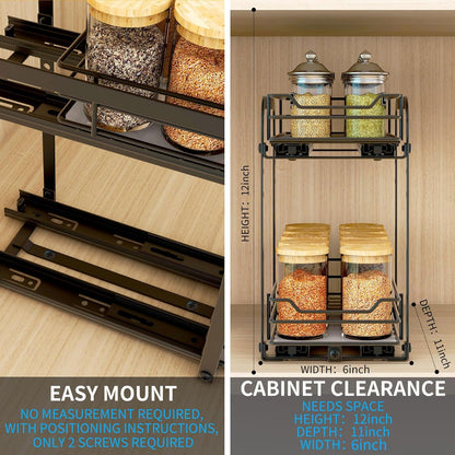 BOIVSHI 2-Tier Spice Rack, Pull Out Cabinet Organizer Spice Racks Height Adjustable Heavy Duty Metal Basket for Inside Cabinets & Pantry Closet(9.5''Wx10.5''Dx9.5''H)