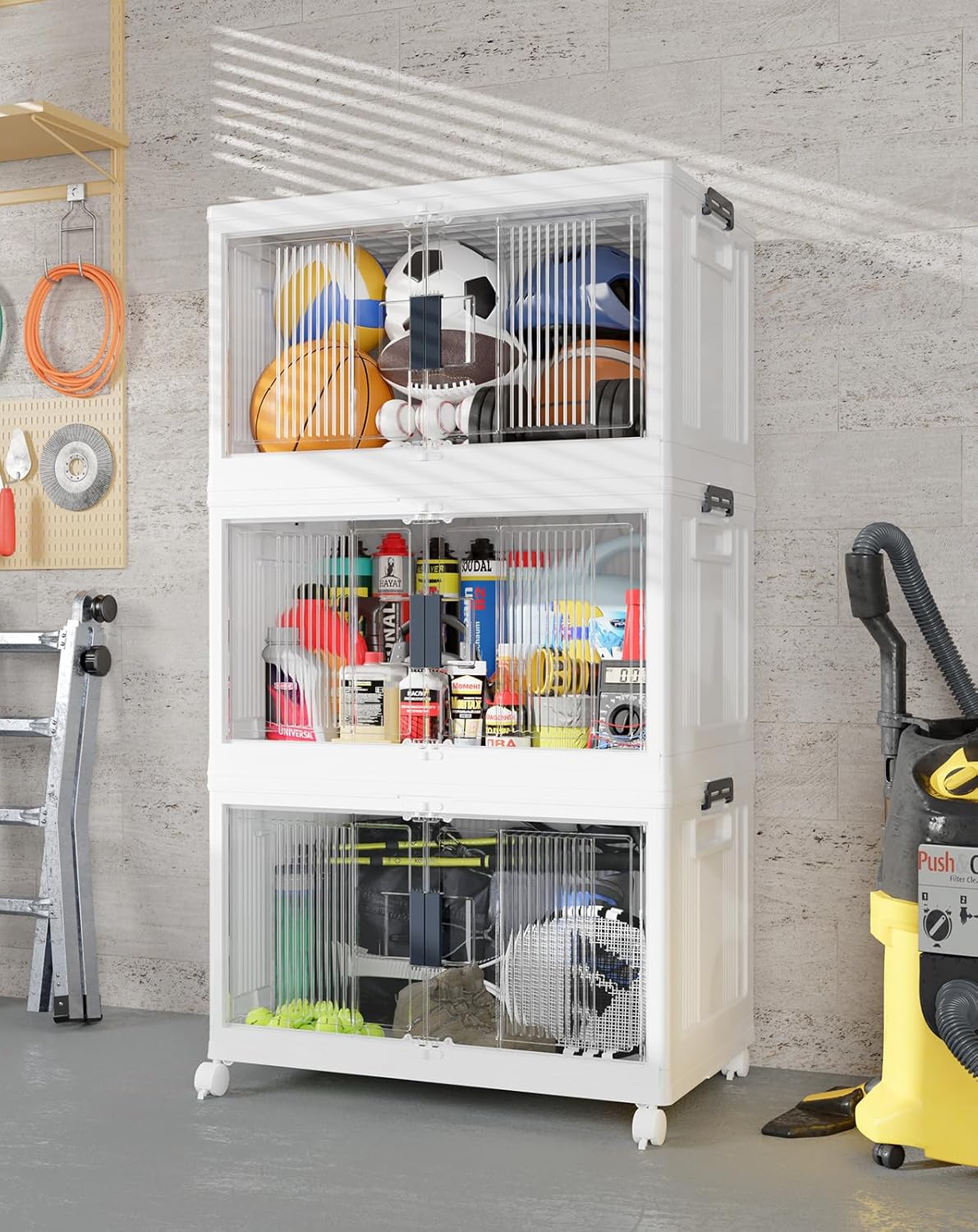 OlarHike 97QT Stackable & Lockable Storage Bins with Lids - Folding Storage Box with Doors and Wheels, Collapsible Plastic Drawers for Closets and Organization, Garage, Shelves, Gifts, Cubes