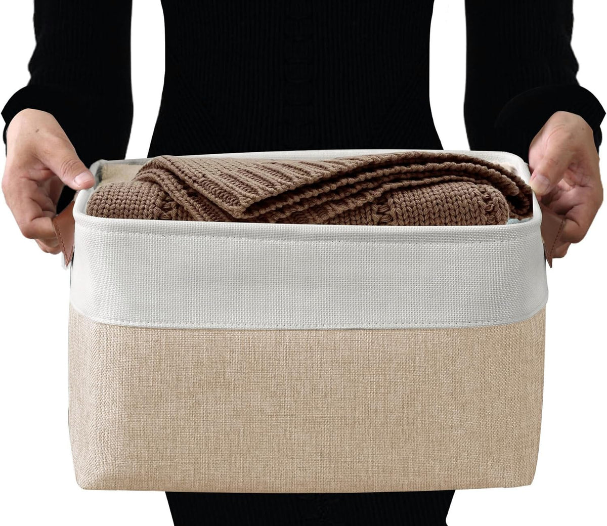 DECOMOMO Storage Bins, Large Fabric Storage Baskets for Shelves, Decorative Linen Closet Organizer, 15 x 11 x 9.5 inches (Beige & White, 3 Pack)
