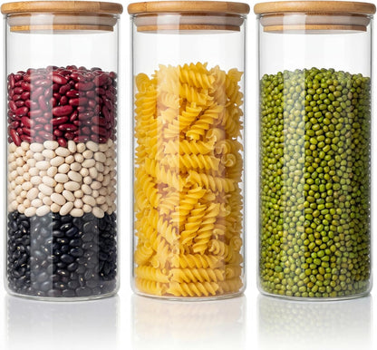 32oz - Glass Jars with Bamboo Lids, Glass Pantry Storage Containers with Airtight Lids, Round Air Tigh Food Storage Canisters for Cereal, Pasta, Flour, Sugar, Rice, Best for Kitchen Organizer