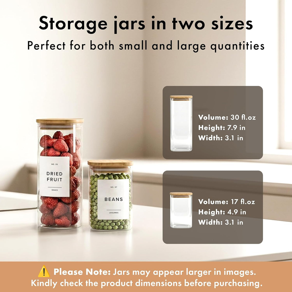 EDELHAUS Square Glass Storage Containers with Bamboo Lids 12-Pack (4x 30 oz, 8x 17 oz) Airtight Glass Storage Jars with Lids for Food, Stackable Glass Kitchen Canisters with 114 Labels for Pantry