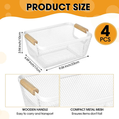 Ziliny 4 Pcs Metal Mesh Wire Baskets with Wooden Handles for Organizing, Pantry Organizers and Storage Steel Bin Kitchen Baskets for Fruit Potato Onion Snacks Bathroom Cabinet(Small,Black)