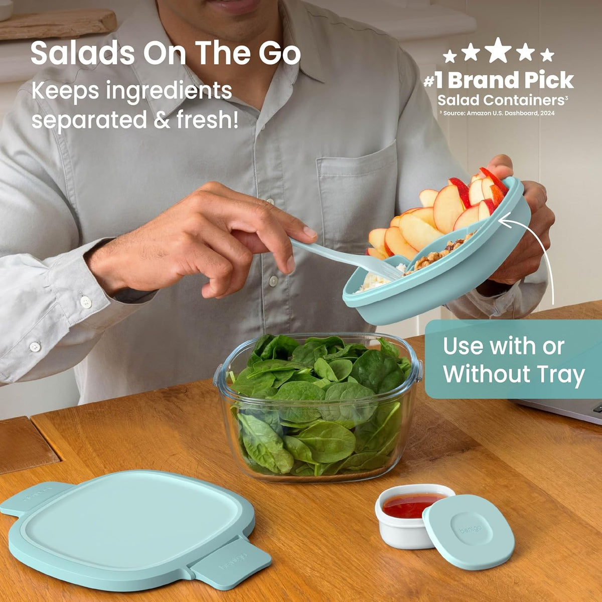 Bentgo Glass Prints Salad Container - 7.6-Cup Tinted Glass Salad Bowl with Airtight Lid, Leak-Proof Sauce Container, 4-Compartment Bento Meal Prep Tray & Reusable Fork (Floral Maximalist - Sea)