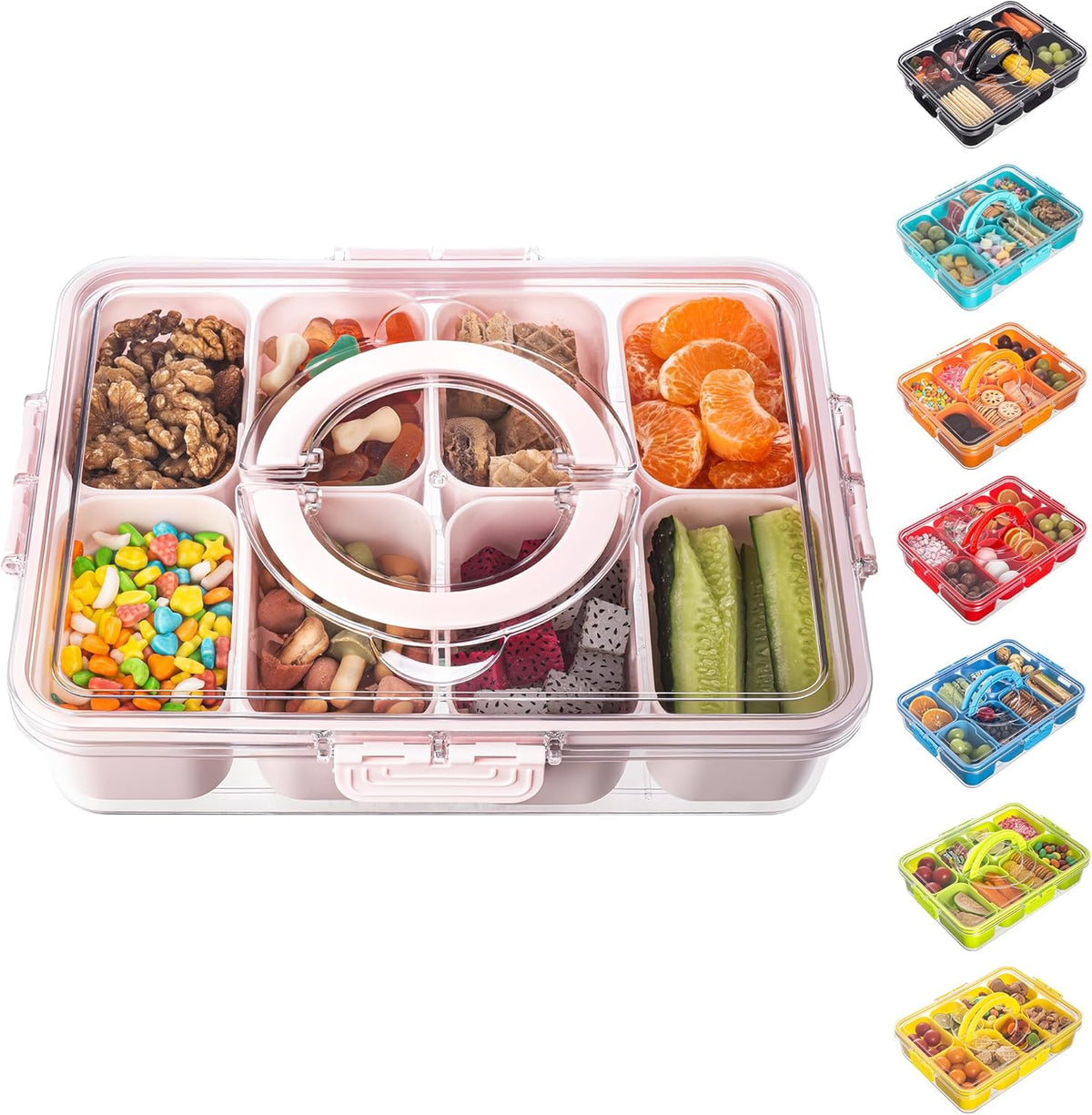 Dingerjar Divided Serving Tray with Lid and Handle - Snackle Box Charcuterie Container for Portable Snack Platters - Clear Organizer for Candy, Fruits, Nuts, Snacks - Perfect for Party, Entertaining