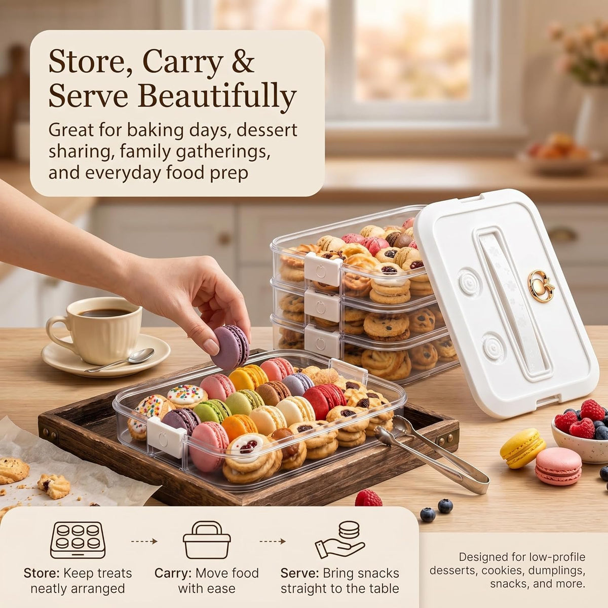 LOEZ 4 Tier Stackable Food Storage Containers, Clear Baked Goods Container for Cookies, Muffins, Macarons and Pizza, Dessert Carrier with Lid (Green)