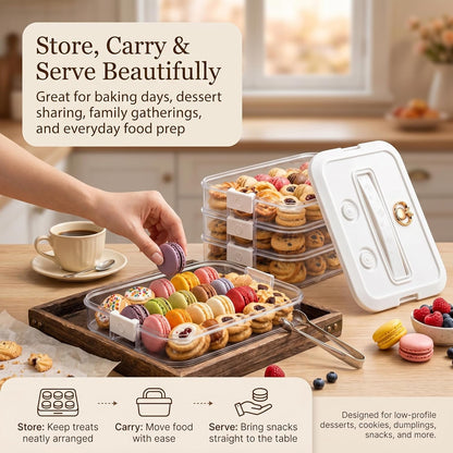 LOEZ 4 Tier Stackable Food Storage Containers, Clear Baked Goods Container for Cookies, Muffins, Macarons and Pizza, Dessert Carrier with Lid (Green)