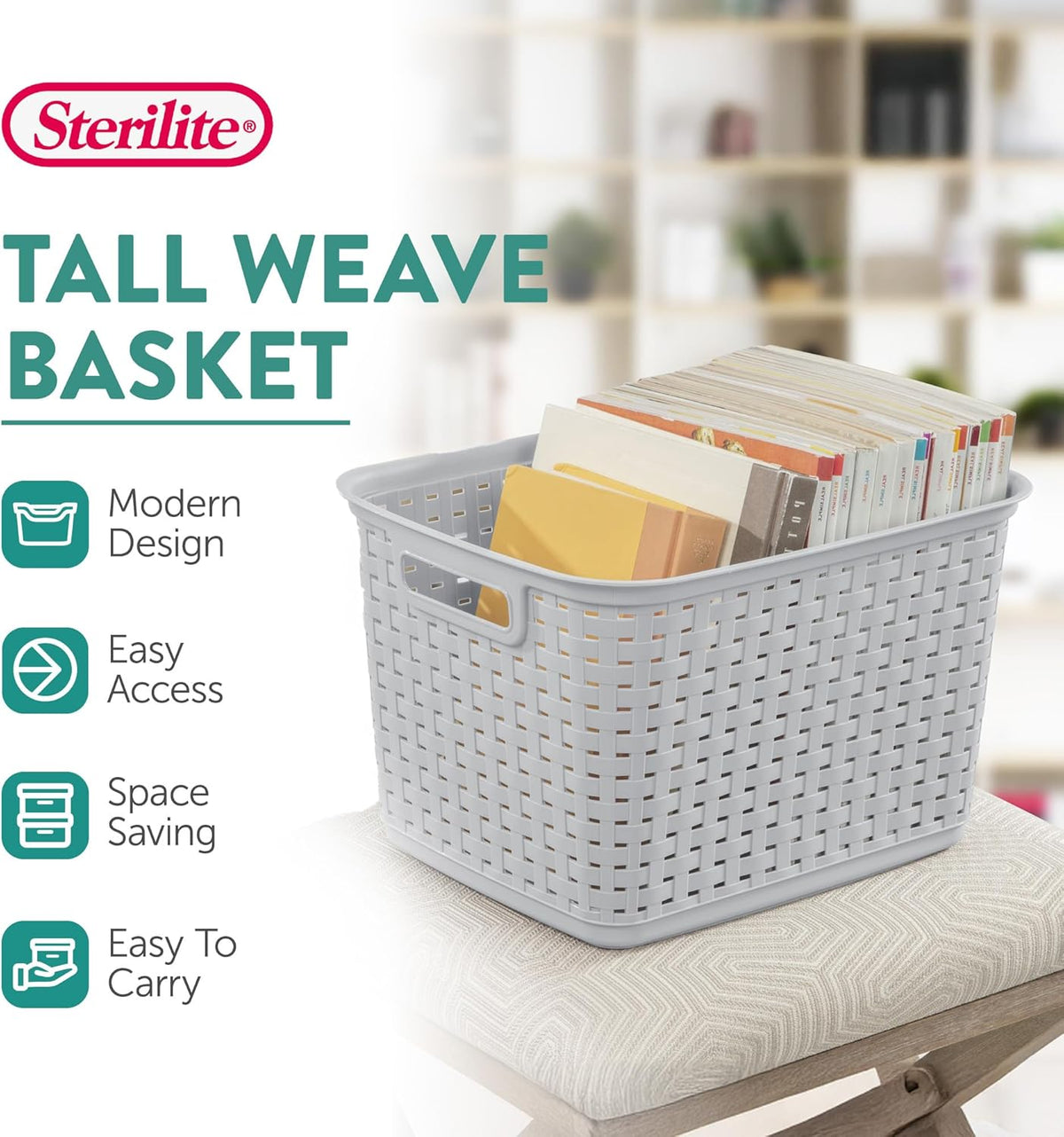 Sterilite Tall Weave Basket, Woven Plastic Storage Baskets for Organization, Cement Gray - Organizing Bin Containers with Handles for Bedroom, Bathroom, Dorm, Laundry Room, and Closet