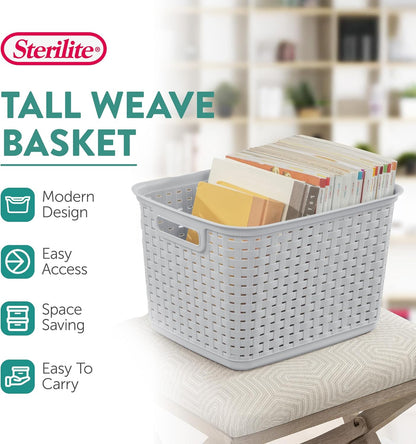 Sterilite Tall Weave Basket, Woven Plastic Storage Baskets for Organization, Cement Gray - Organizing Bin Containers with Handles for Bedroom, Bathroom, Dorm, Laundry Room, and Closet