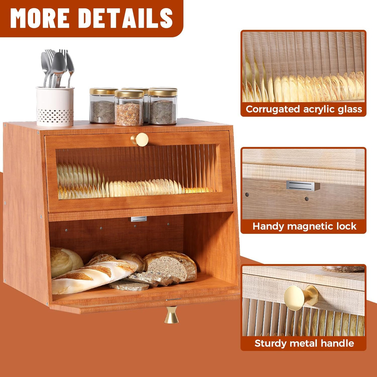 Bread Box for Kitchen Countertop,Extra Large 2 Layer Breadbox Wooden Farmhouse Bread Storage Container Bread Bin Bread Holder Food Organizer Pantry Shelf Acrylic Window(Black)