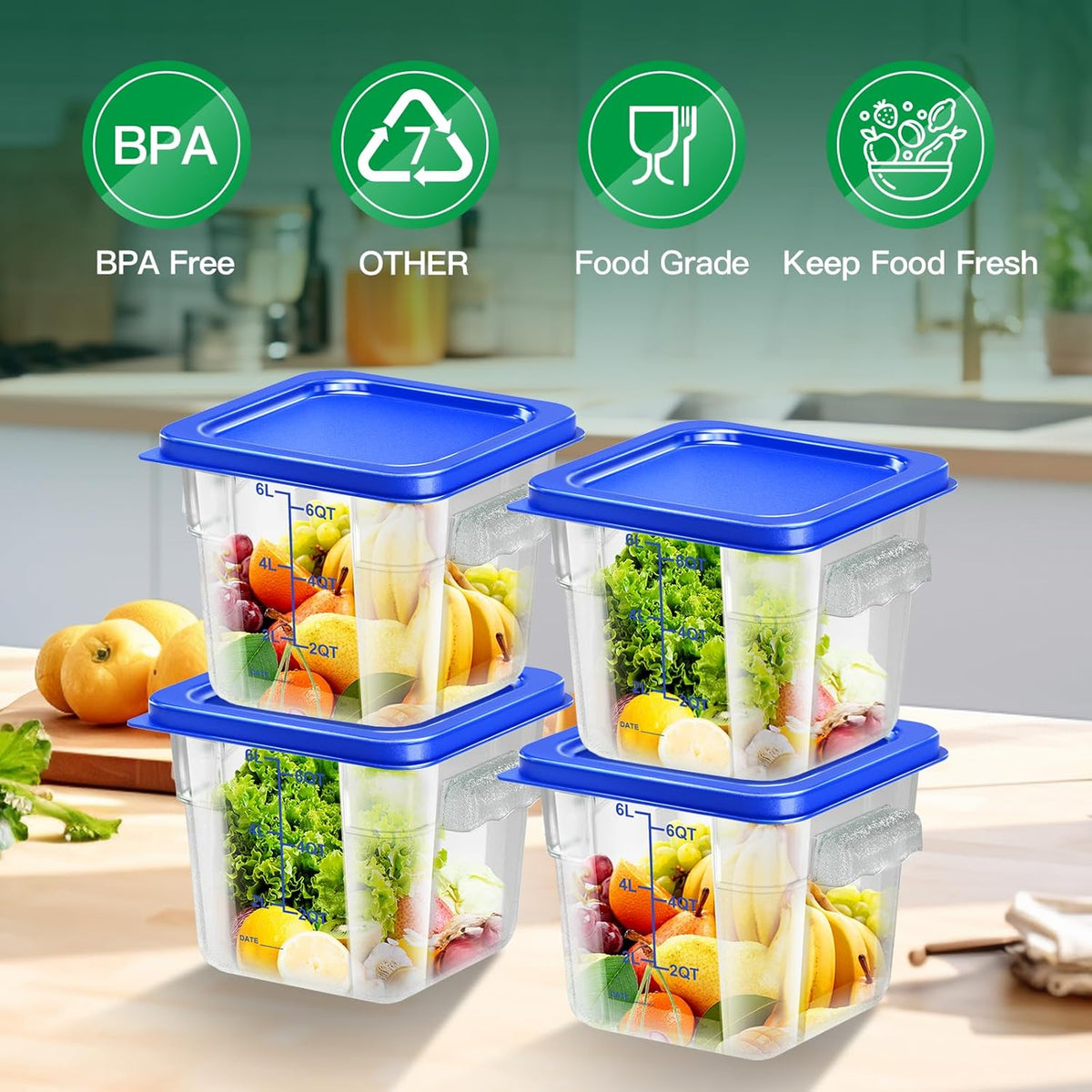 4 pcs 4qt Food Storage Containers with Lid, Square Clear Commercial Food Storage Containers with Handle and Scale for Food Storage in Home Kitchen & Dining (Green)
