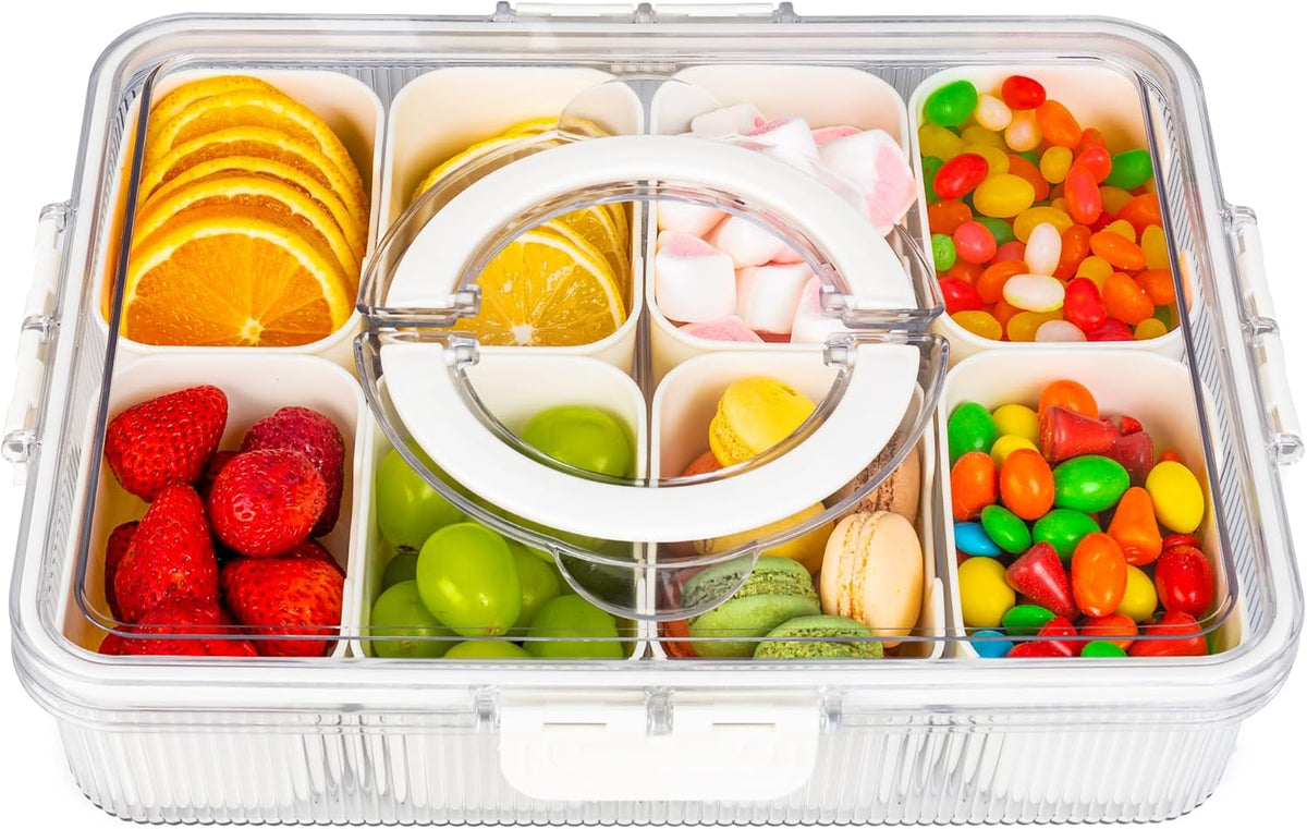 Patent Design Ribbed Snackle Box Container Snack Container Divided Serving Tray with Lid and Handle, 8 Divider Portable Snacklebox for Travel Beach for Charcuterie Veggie Fruit Candy,1 Pack