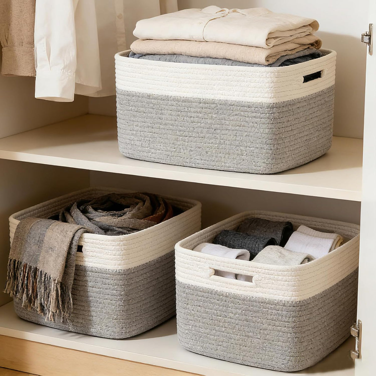 3 Pack Woven Rope Storage Baskets for Shelves,13.5"×11"×9.5" Storage Bins with Handles,Empty Gift Baskets,Nursery Organizer for Toys,Towels,Books,Closet,Living Room,Bedroom (White & Brown)