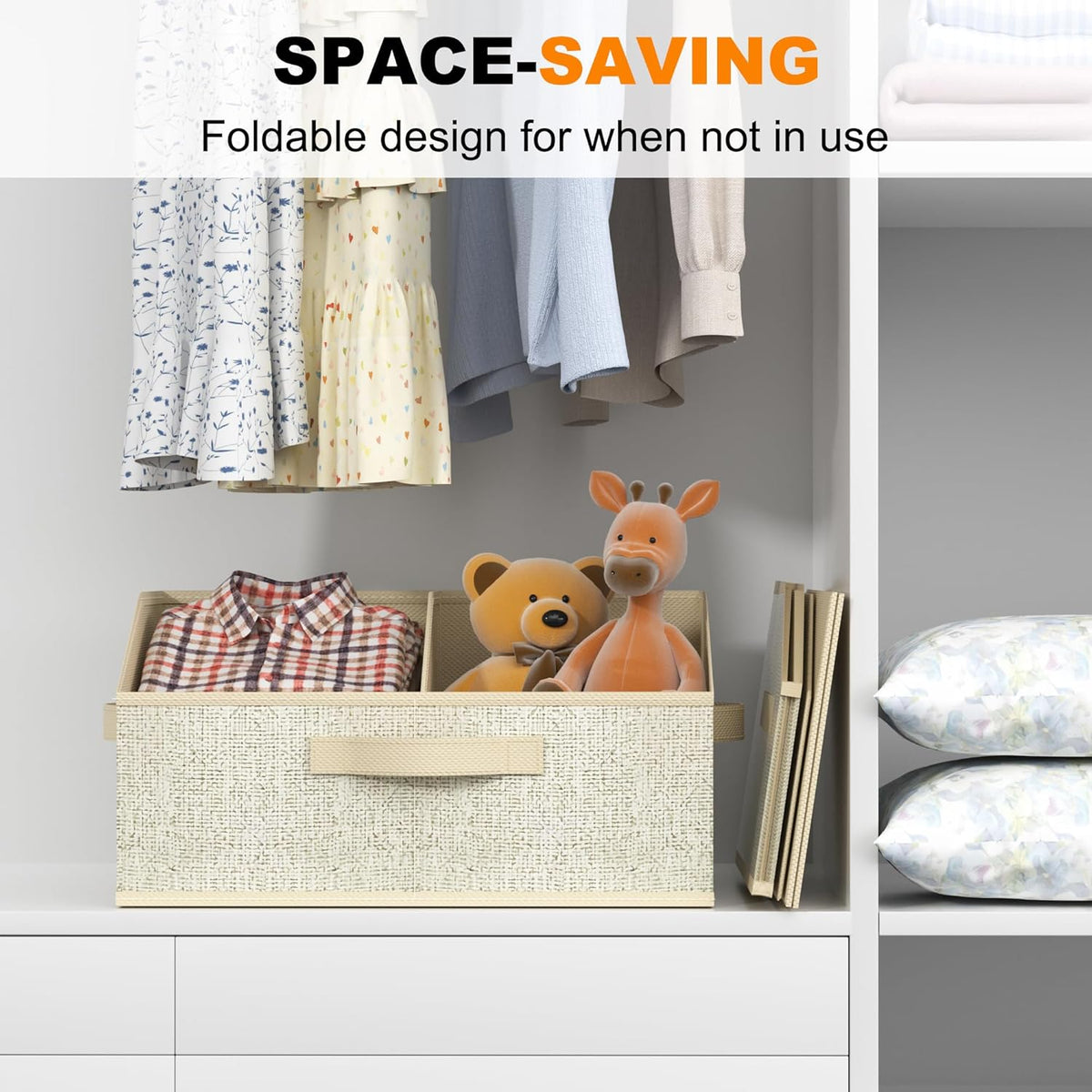 Closet Storage Bins, Large Closet Organizer Baskets with Divider & Handles,Trapezoid Fabric Shelf Organizers, Collapsible Storage Cubes for Clothes, Towels, Toys - Beige