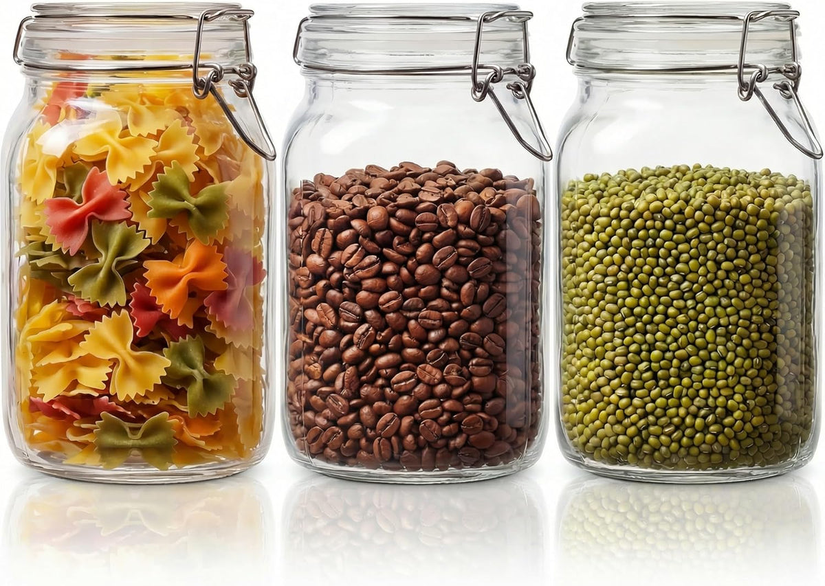 78oz - 3 Pack Square Glass Jars with Airtight Lid, Wide Mouth Mason Jars with Clamp Lids, Air Tight Glass Canisters, Best Food Storage Containers for Flour, Sugar, Cereal, Pasta, Rice, Coffee, Spice