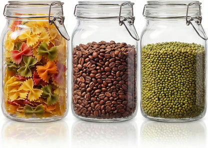 78oz - 3 Pack Square Glass Jars with Airtight Lid, Wide Mouth Mason Jars with Clamp Lids, Air Tight Glass Canisters, Best Food Storage Containers for Flour, Sugar, Cereal, Pasta, Rice, Coffee, Spice