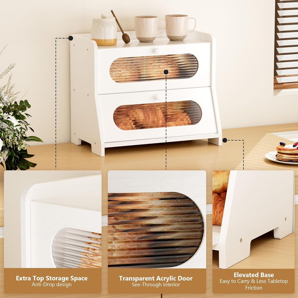 Bread Box,Extra Large 2-Tier Bamboo Bread Box for Kitchen Countertop,Bread Storage Container with Magnetic Acrylic Door for Homemade Bread,Under Cabinet,Pantry Organizer(Natural)