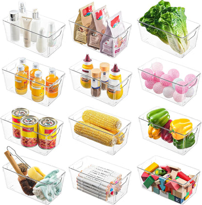 12 Pack Small Clear Plastic Storage Bins, Acrylic Kitchen Organizer and Storage Bins, Fridge Organizer, Small Plastic Containers Bins, Cabinet Organizer for Pantry,Bathroom,Refrigerator, Shelf