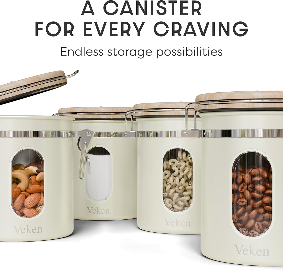 Veken Coffee Canister with Window, Family Choice Awards Winner, Airtight Stainless Steel Home Kitchen Food Storage Container with Lids for Grounds, Beans, Tea, Flour,Cereal,Sugar Jars,Scoop,16OZ,Black