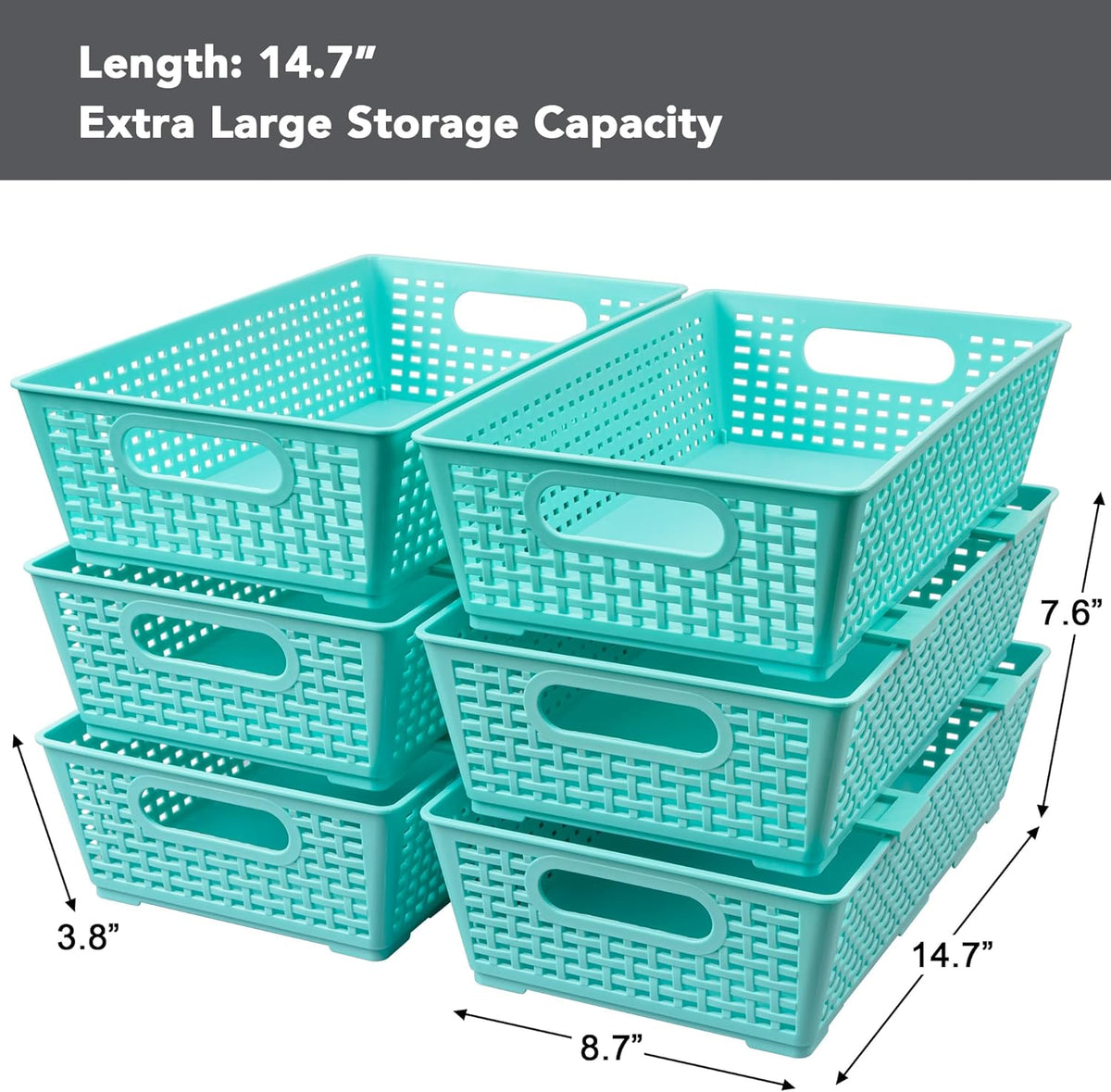 Tiawudi Stackable Woven Plastic Basket, Storage Bins for Cabinet, Closet, Shelf, Under Sink and Countertop, Pantry Organizer Bins, 6 Pack