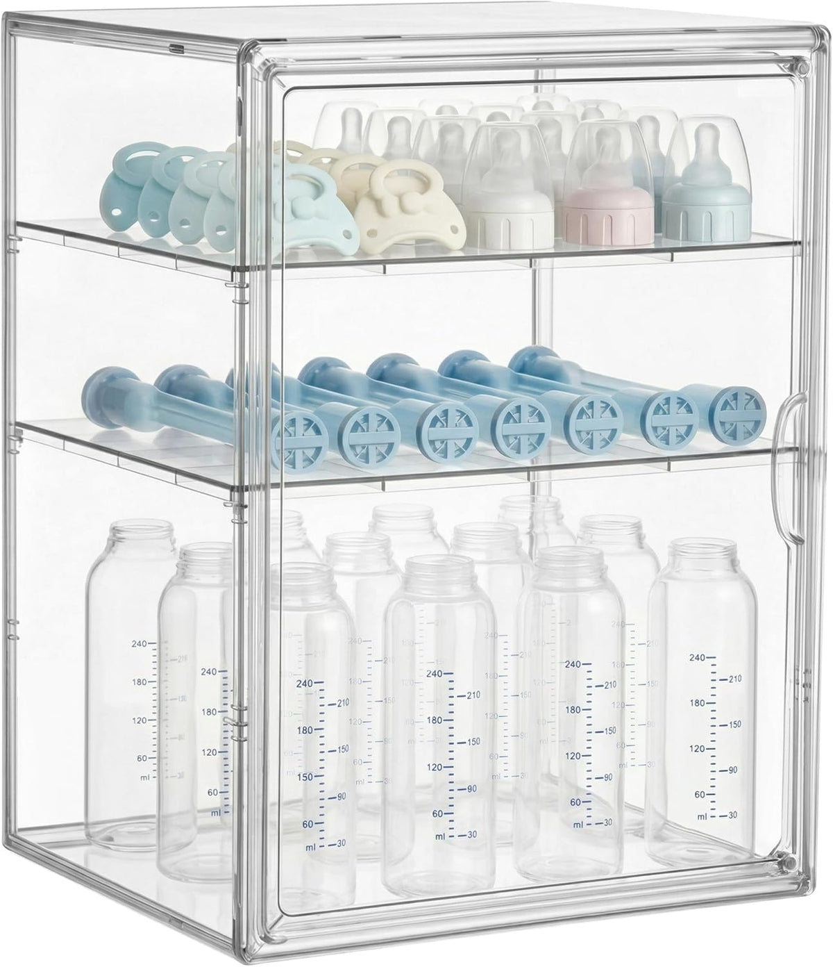 HBlife Baby Bottle Storage Organizer for Countertop Cabinet, 3 Tiers Adjustable Clear Acrylic Bottles Storage Station Case Box Container with 2 Removable Dividers and Magnetic Door, Large