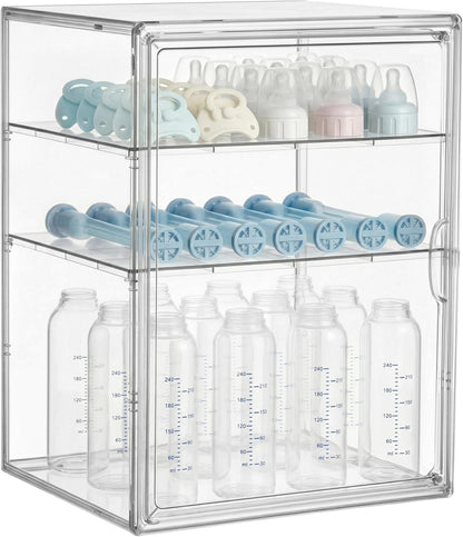 HBlife Baby Bottle Storage Organizer for Countertop Cabinet, 3 Tiers Adjustable Clear Acrylic Bottles Storage Station Case Box Container with 2 Removable Dividers and Magnetic Door, Large