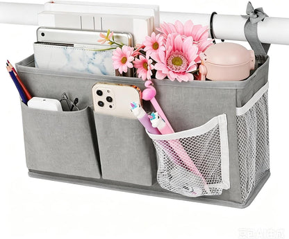 Lilithye Bedside Caddy Storage Organizer with Fixed Straps and Water Bottle Holder for Home, College, Dorm, Bunk/Hospital/Crib Bed Rails, White