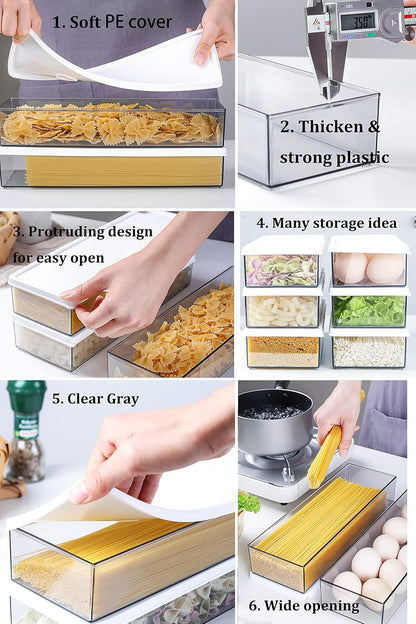 Hanobe Pasta Containers for Pantry Large Spaghetti & Noodle & Lasagna Canister 3 Pcs Clear Grey Rectangular Canister with Lock Lids Durable BPA-free Plastic Food Keeper for Kitchen Cabinet