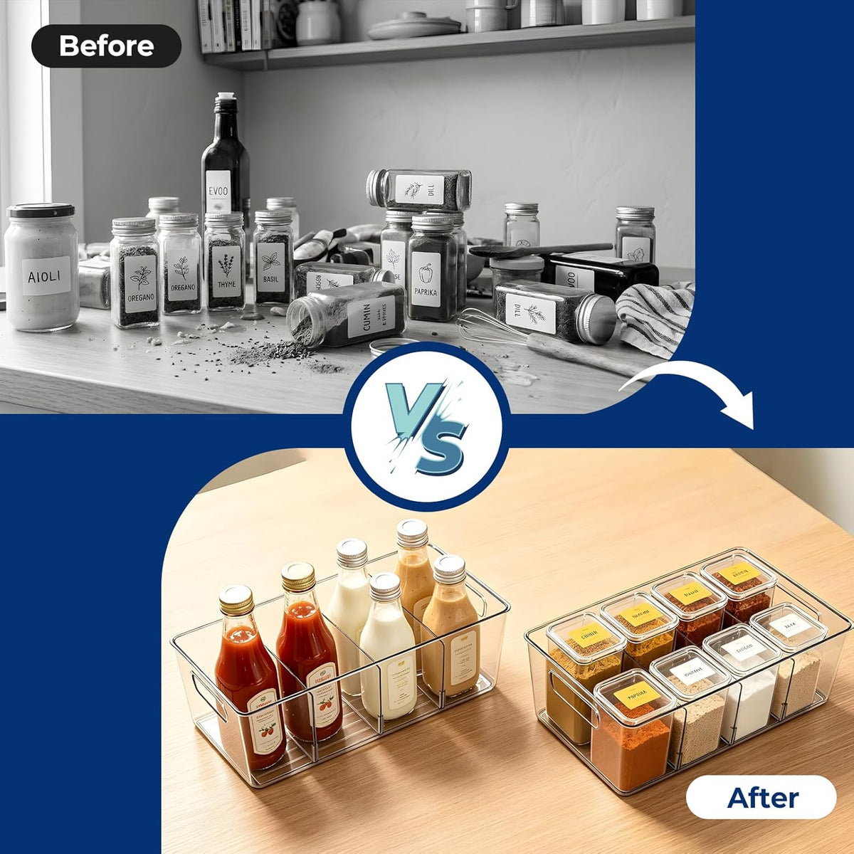 Pantry Organizers and Storage, Food Storage Containers with 3 Removable Divider for Kitchen, Fridge, Cabinet Organization, Clear Plastic Storage Bins for Snacks, Spice Packets, Packets, Pouches