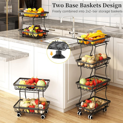 CHLORYARD 4 Tier Slim Fruit Basket for Kitchen, Stackable Metal Wire Fruit Vegetable Storage Baskets Organizer Stand on Wheels, Produce Basket Potato Onion Storage Bins Rack for Pantry. (Black)