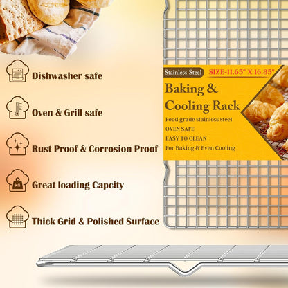 2PCS Cooling Racks for Cooking and Baking - 10" x 15"Heavy Duty Stainless Steel Wire Rack for Baking, Grilling, Roasting - Oven & Dishwasher Safe - Fits Jelly Roll Sheet Pan-Silver