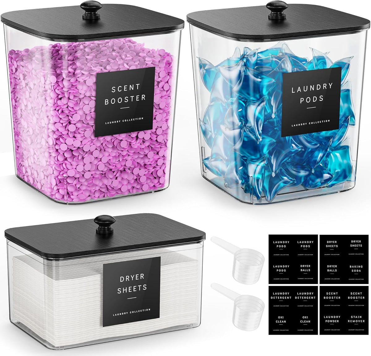 4 Pack Laundry Pods Container, Clear Laundry Room Organization Containers Essentials, Large Detergent Powder Storage Containers Black Wooden Lids & Labels Signs, Home Acrylic Laundry Pods Holder