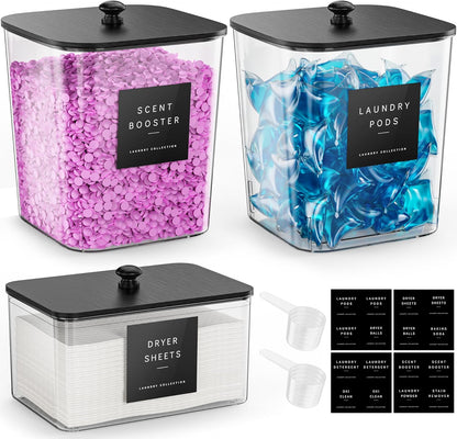 4 Pack Laundry Pods Container, Clear Laundry Room Organization Containers Essentials, Large Detergent Powder Storage Containers Black Wooden Lids & Labels Signs, Home Acrylic Laundry Pods Holder