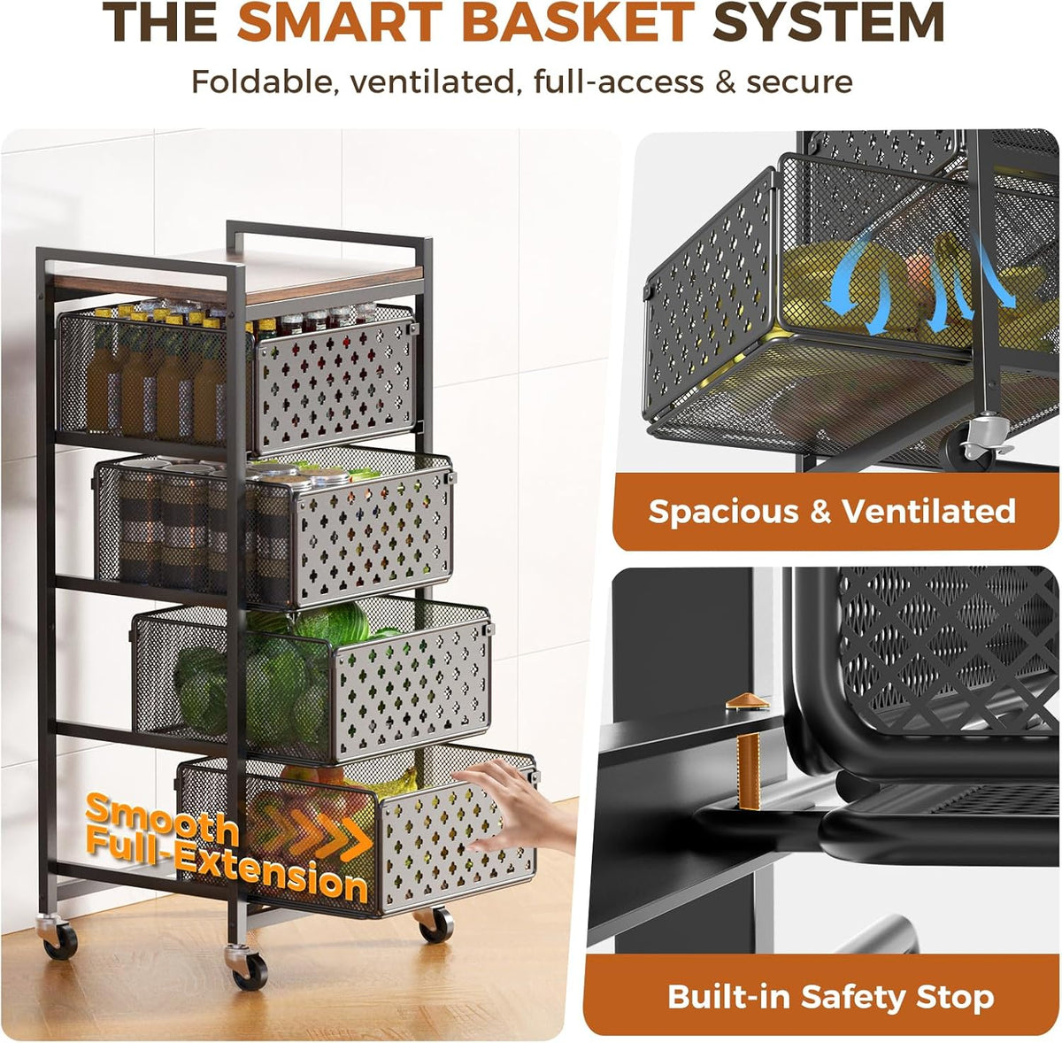 5 Tier Kitchen Storage Cart with Wheels, Utility Fruit Vegetable Storage Rack Stand with Pull-Out Baskets & Wood Top, Metal 4-Drawers Rolling Snack Cart, Kitchen Cart for Potato Onion(Black)