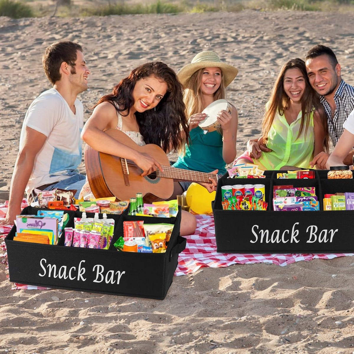 Snack Organizer for Countertop, Trapezoid Fabric Snack Bin Holder with Side Handles, 6 Compartment Snack Basket Container, Lightweight Snack Bar Station Organizer, Kitchen Pantry Storage-Black